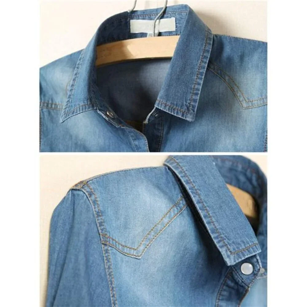Women's Denim Crop Top Roll Up 3/4 Sleeve Shirt Tie Front Knot Chambra - Picture 3 of 7